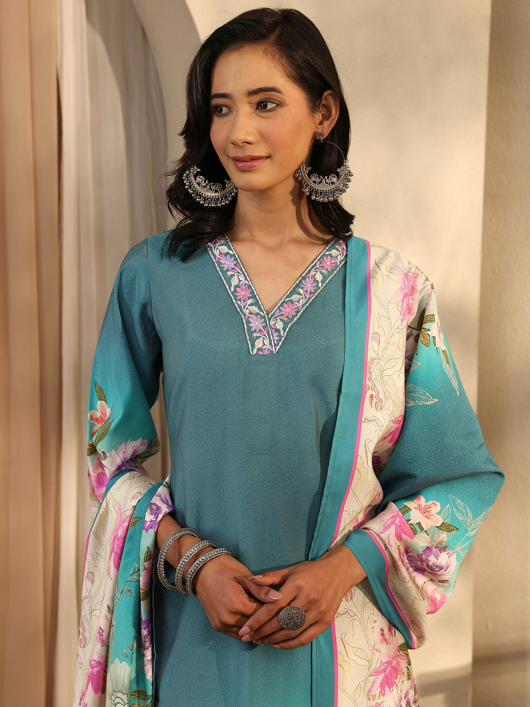 Teal Printed Silk Blend Straight Suit Set With Dupatta