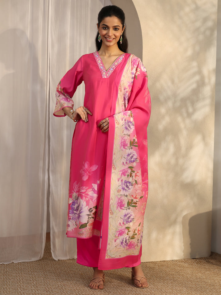 Libas Red Printed Silk Blend Straight Suit Set With Dupatta