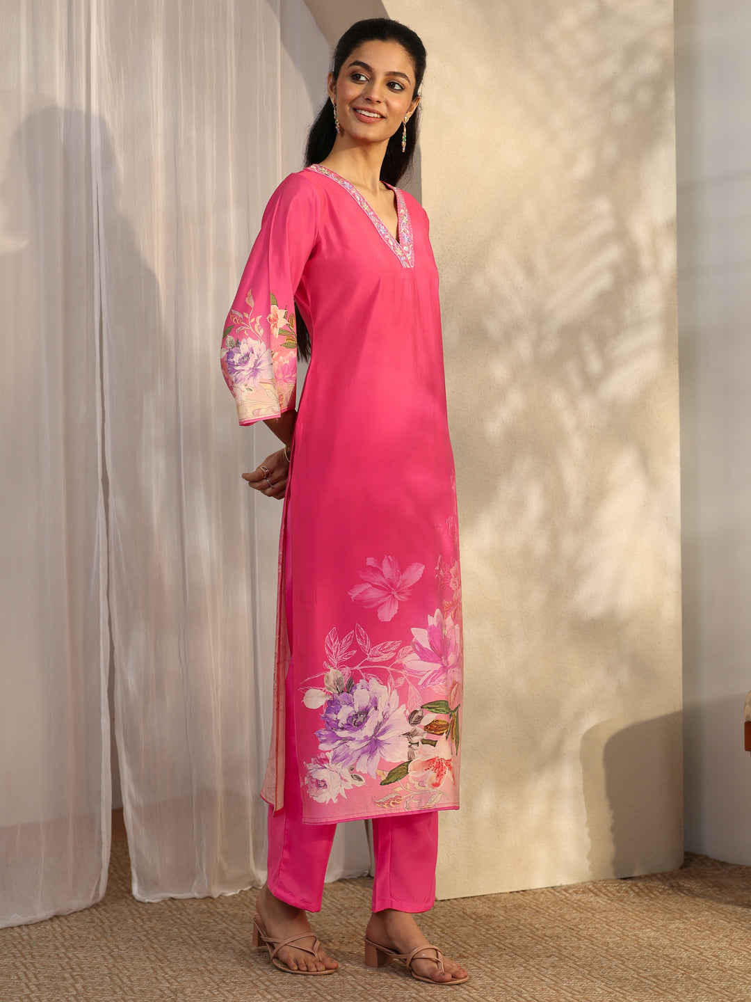 Libas Red Printed Silk Blend Straight Suit Set With Dupatta