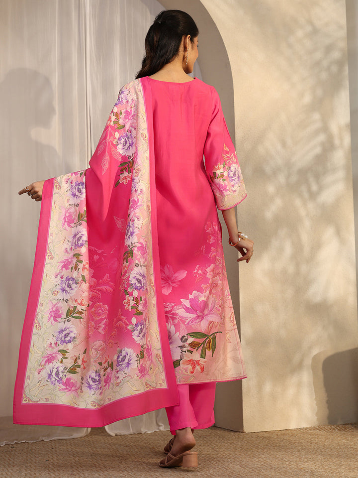 Red Printed Silk Blend Straight Suit Set With Dupatta