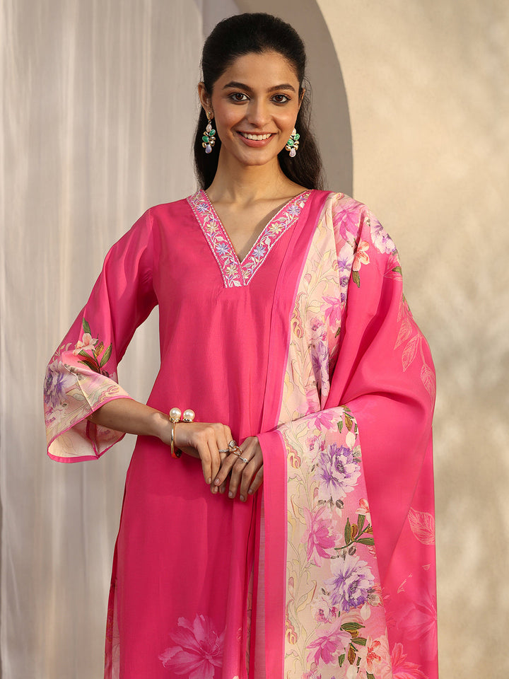 Red Printed Silk Blend Straight Suit Set With Dupatta