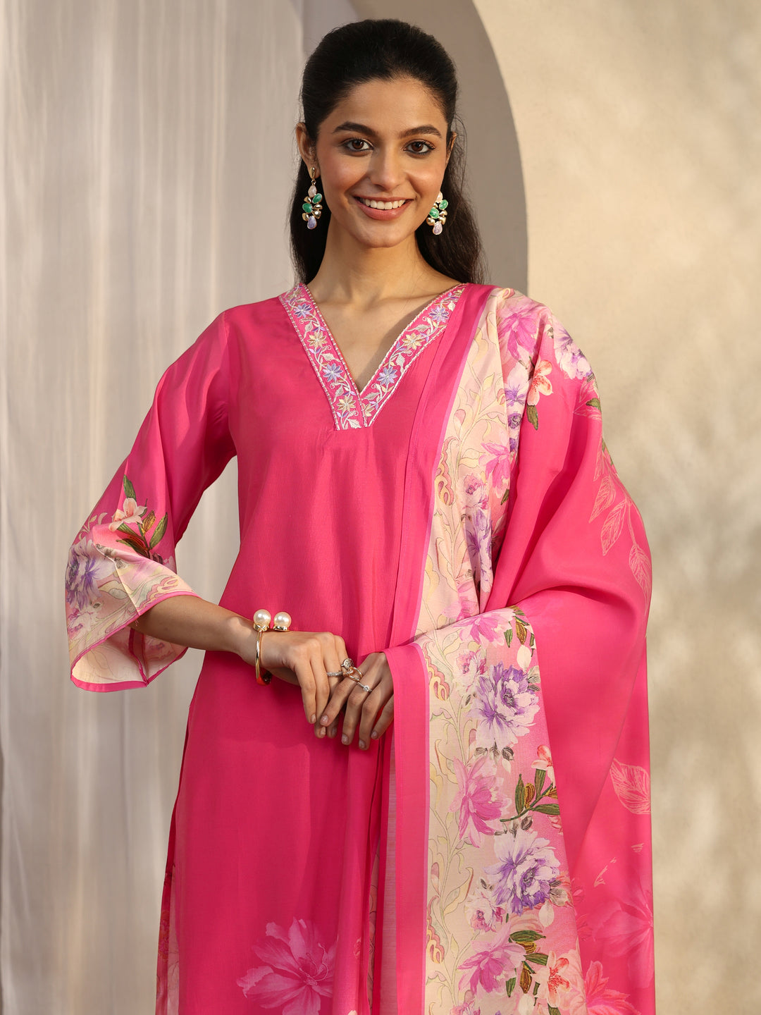 Libas Red Printed Silk Blend Straight Suit Set With Dupatta