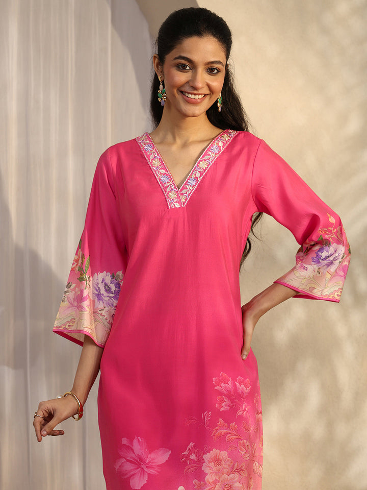 Red Printed Silk Blend Straight Suit Set With Dupatta