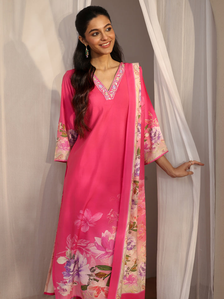 Libas Red Printed Silk Blend Straight Suit Set With Dupatta