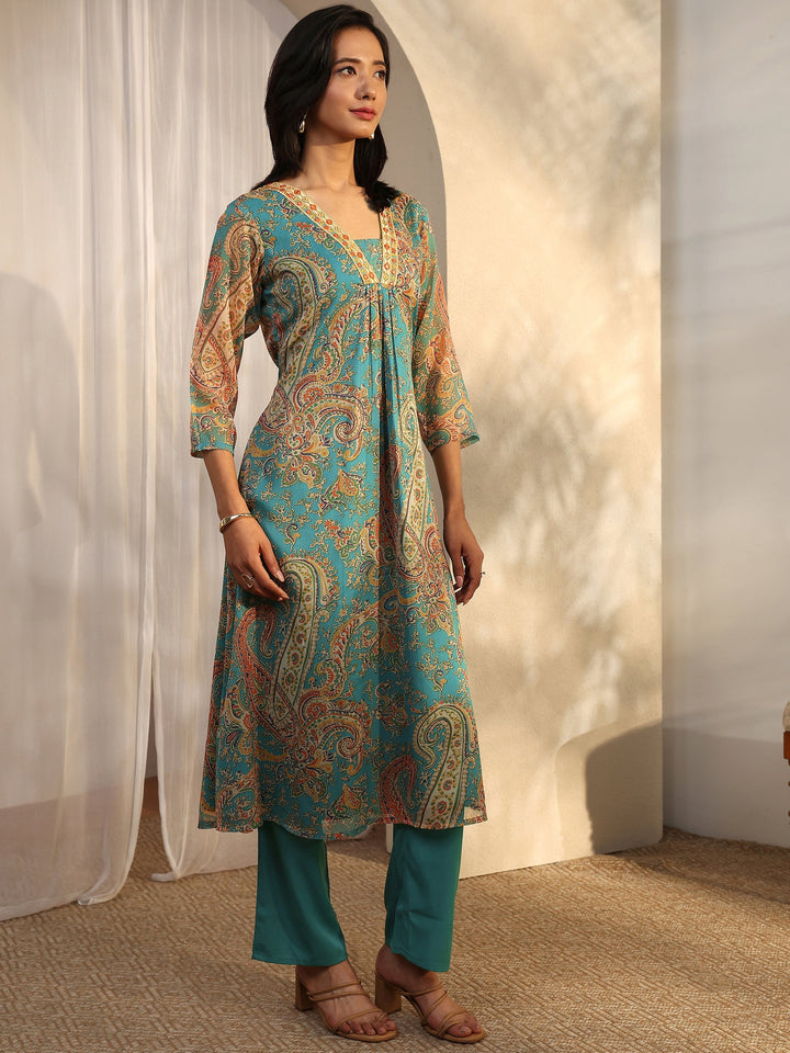 Green Paisley Printed Chiffon A-Line Suit Set With Dupatta
