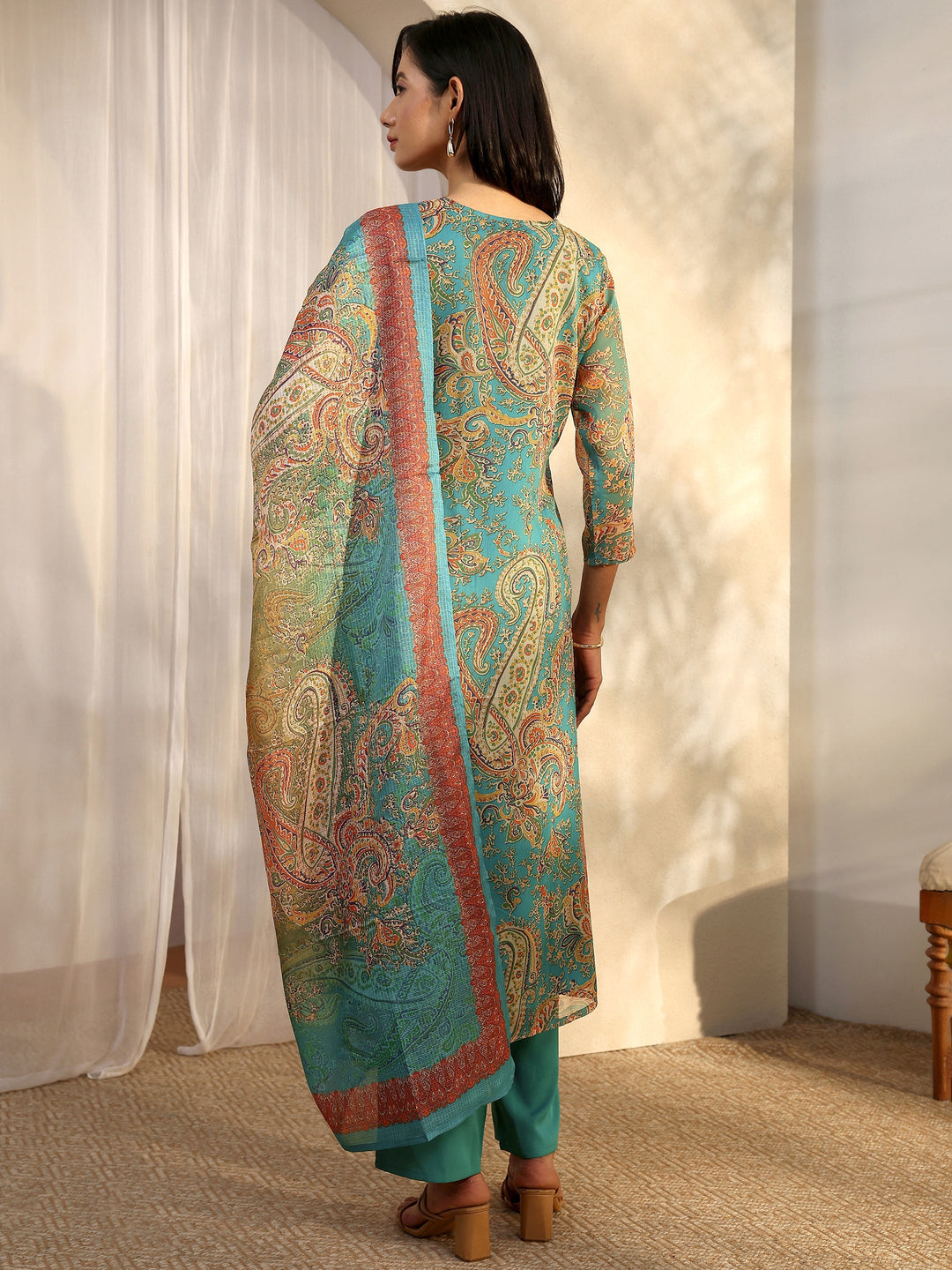 Green Paisley Printed Chiffon A-Line Suit Set With Dupatta
