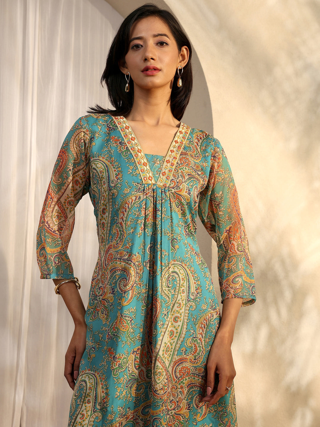 Green Paisley Printed Chiffon A-Line Suit Set With Dupatta