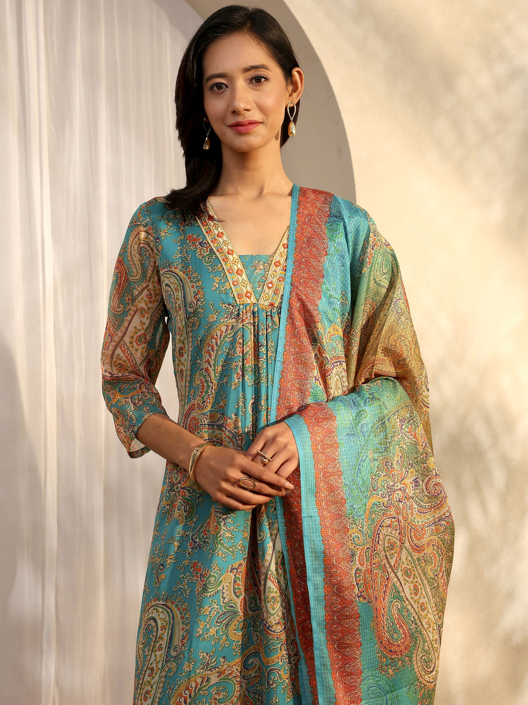Green Paisley Printed Chiffon A-Line Suit Set With Dupatta