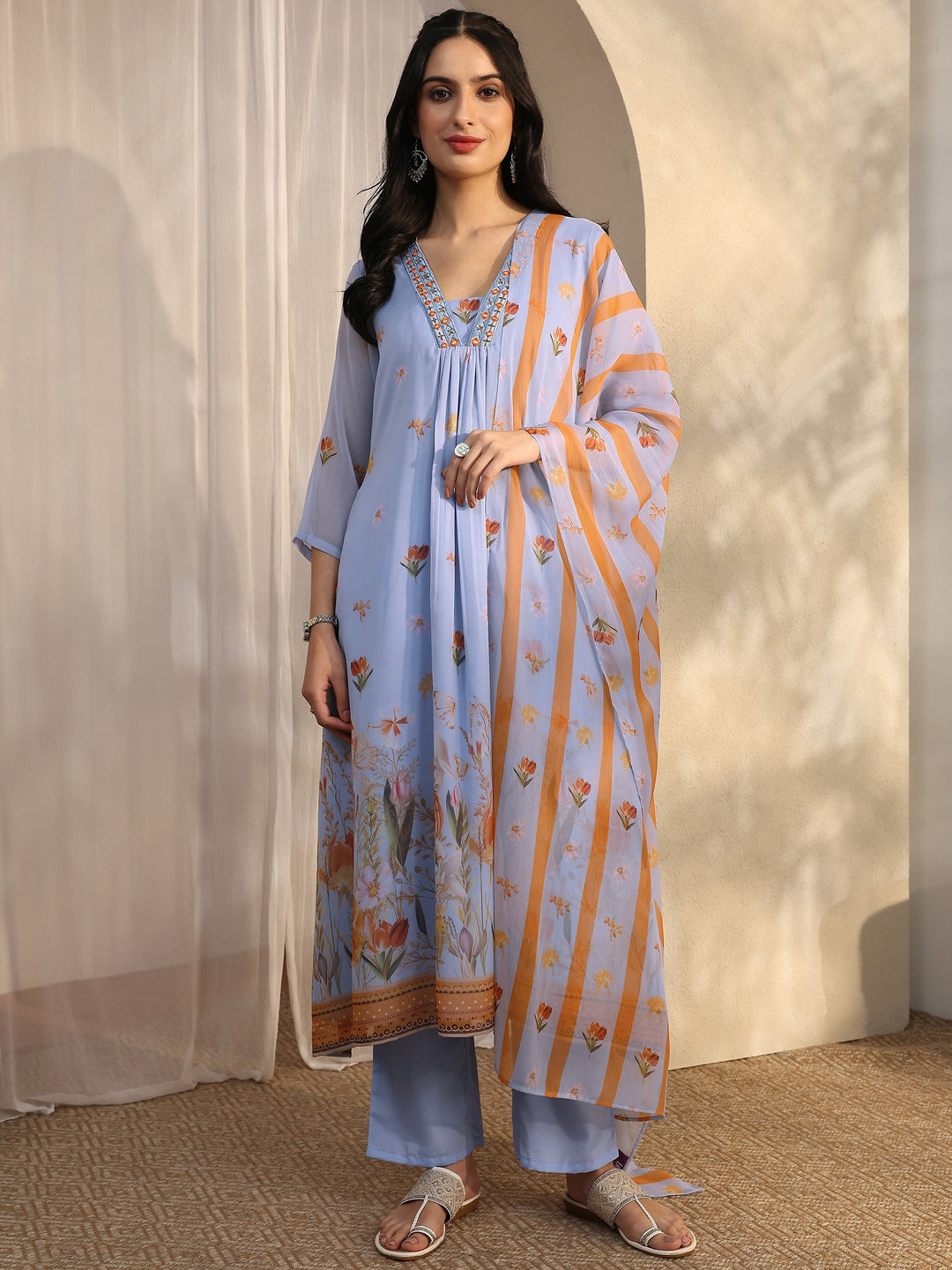 Blue Printed Chiffon A-Line Suit Set With Dupatta
