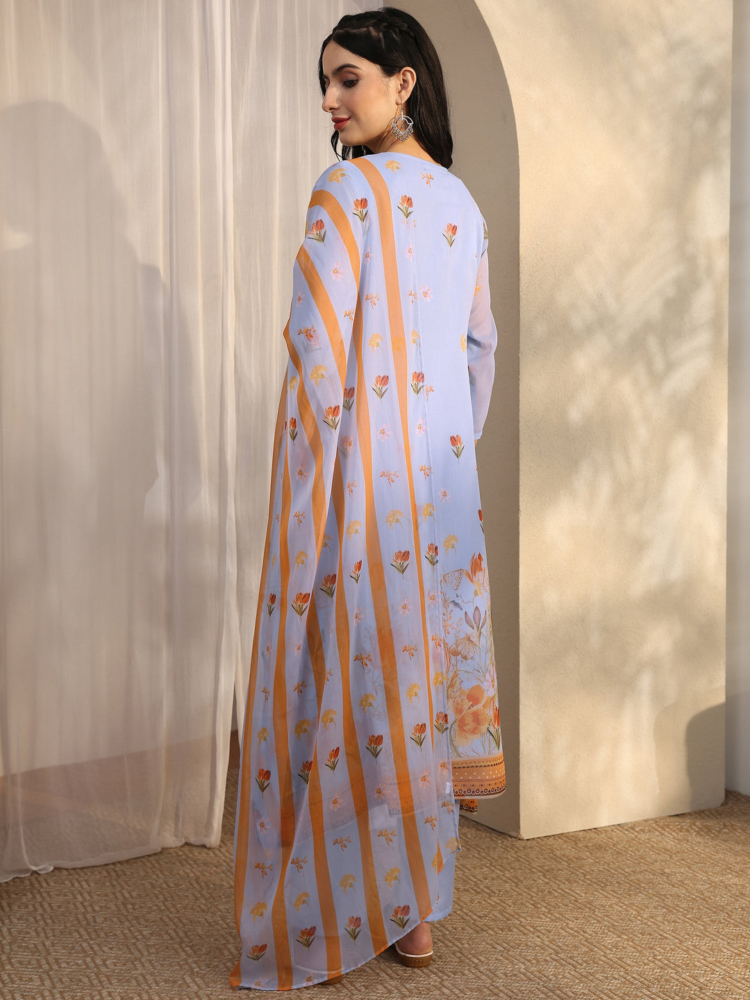 Blue Printed Chiffon A-Line Suit Set With Dupatta