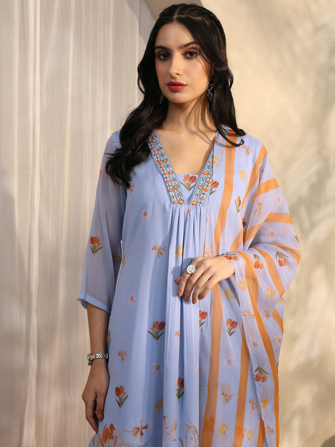 Blue Printed Chiffon A-Line Suit Set With Dupatta