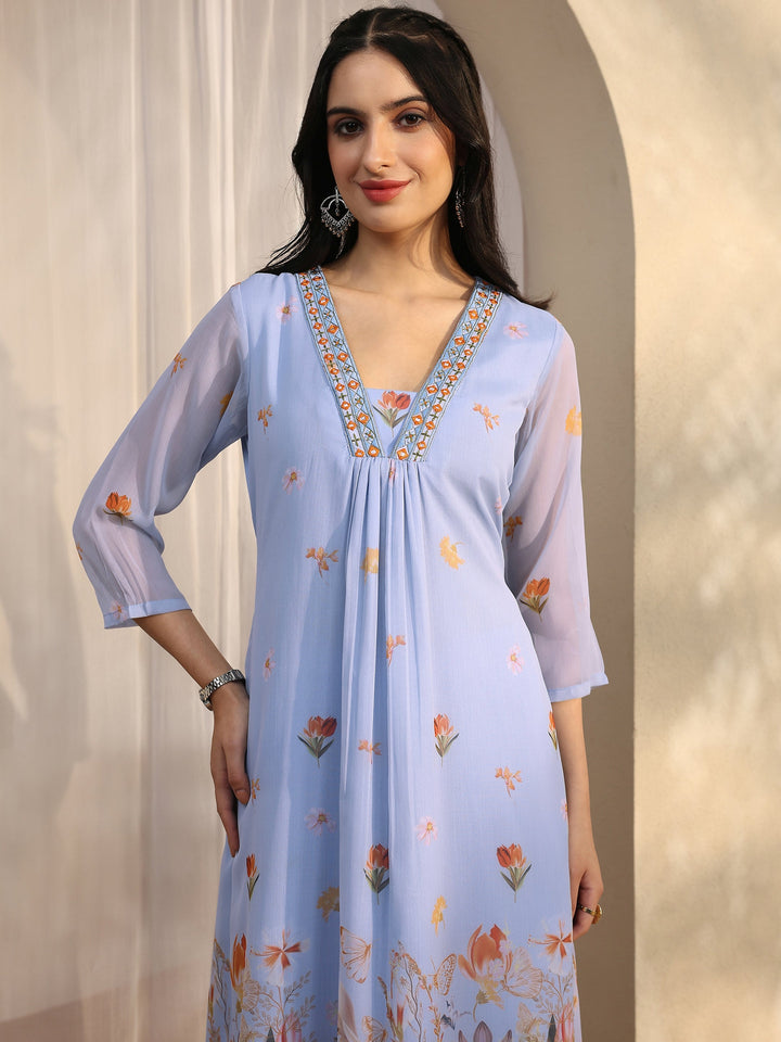 Blue Printed Chiffon A-Line Suit Set With Dupatta