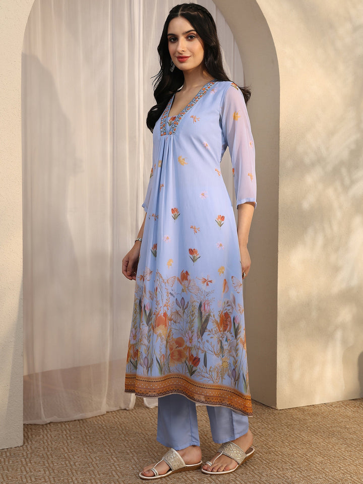 Blue Printed Chiffon A-Line Suit Set With Dupatta