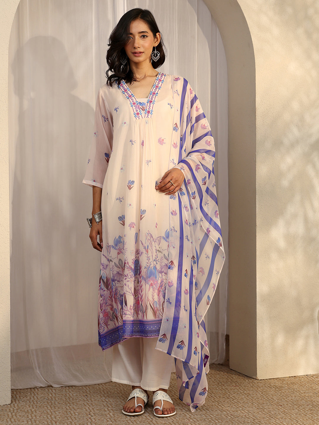 Off White Printed Chiffon Straight Suit Set With Dupatta