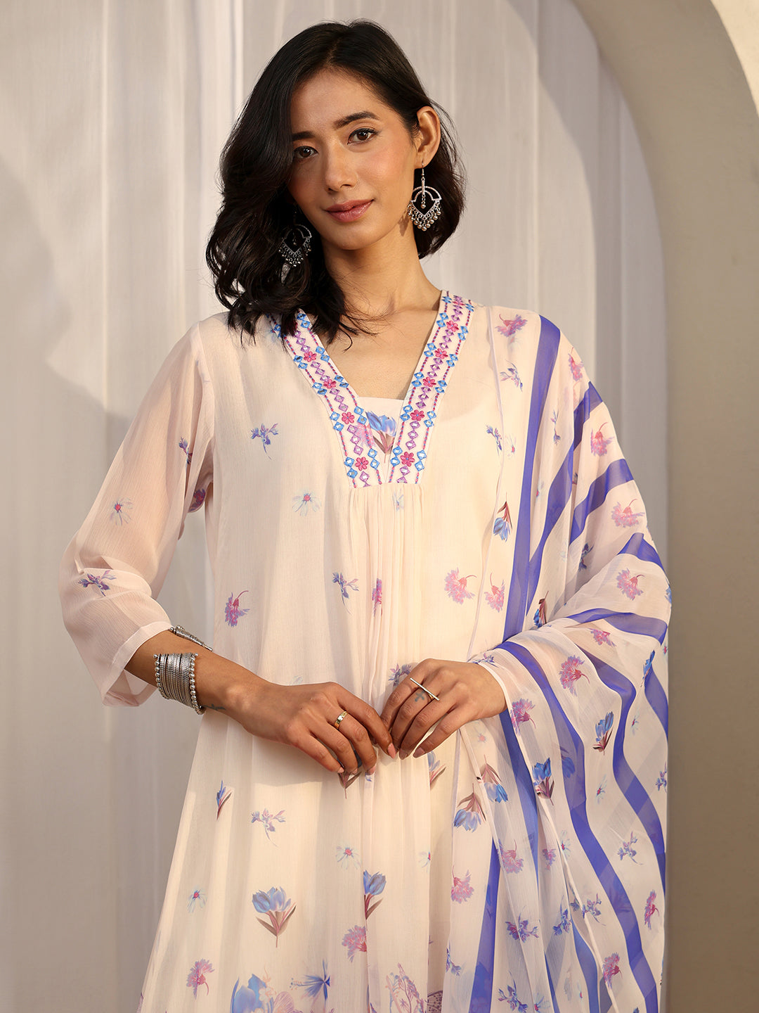 Off White Printed Chiffon Straight Suit Set With Dupatta
