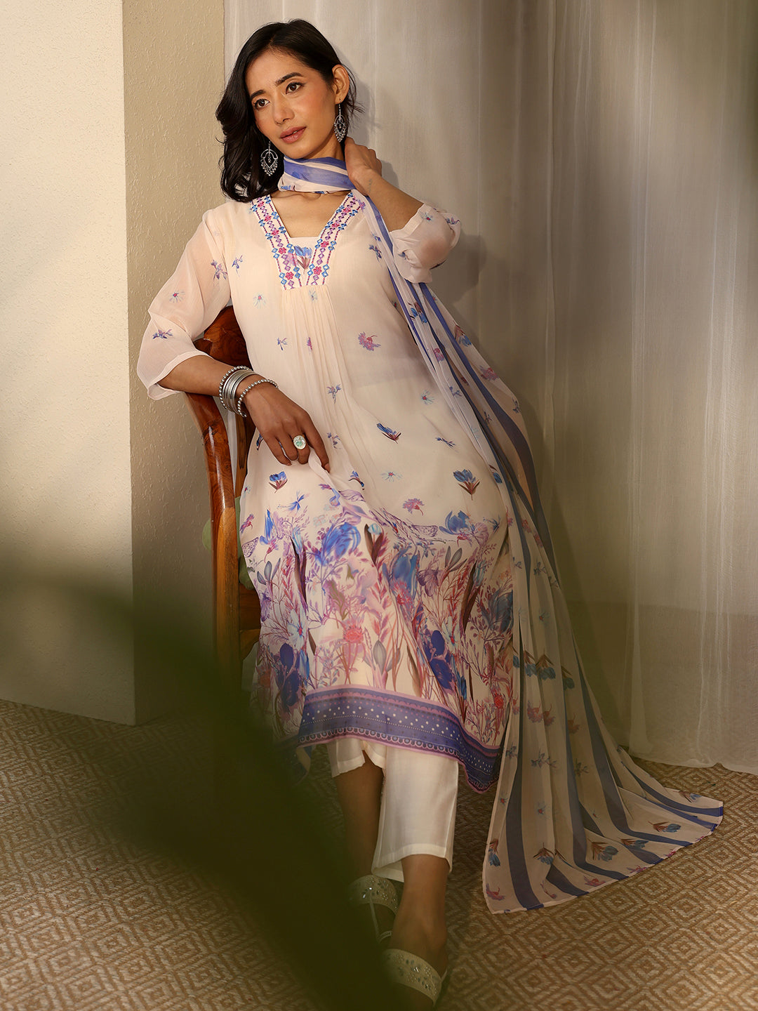 Off White Printed Chiffon Straight Suit Set With Dupatta