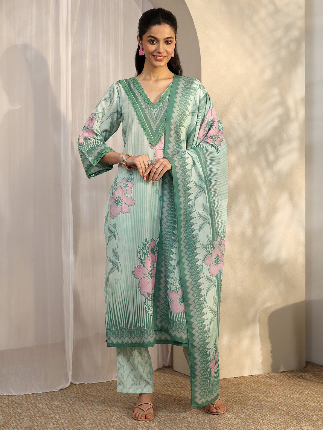 Green Printed Cotton Blend Straight Suit Set With Dupatta