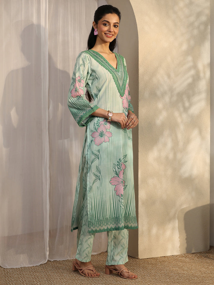 Green Printed Cotton Blend Straight Suit Set With Dupatta
