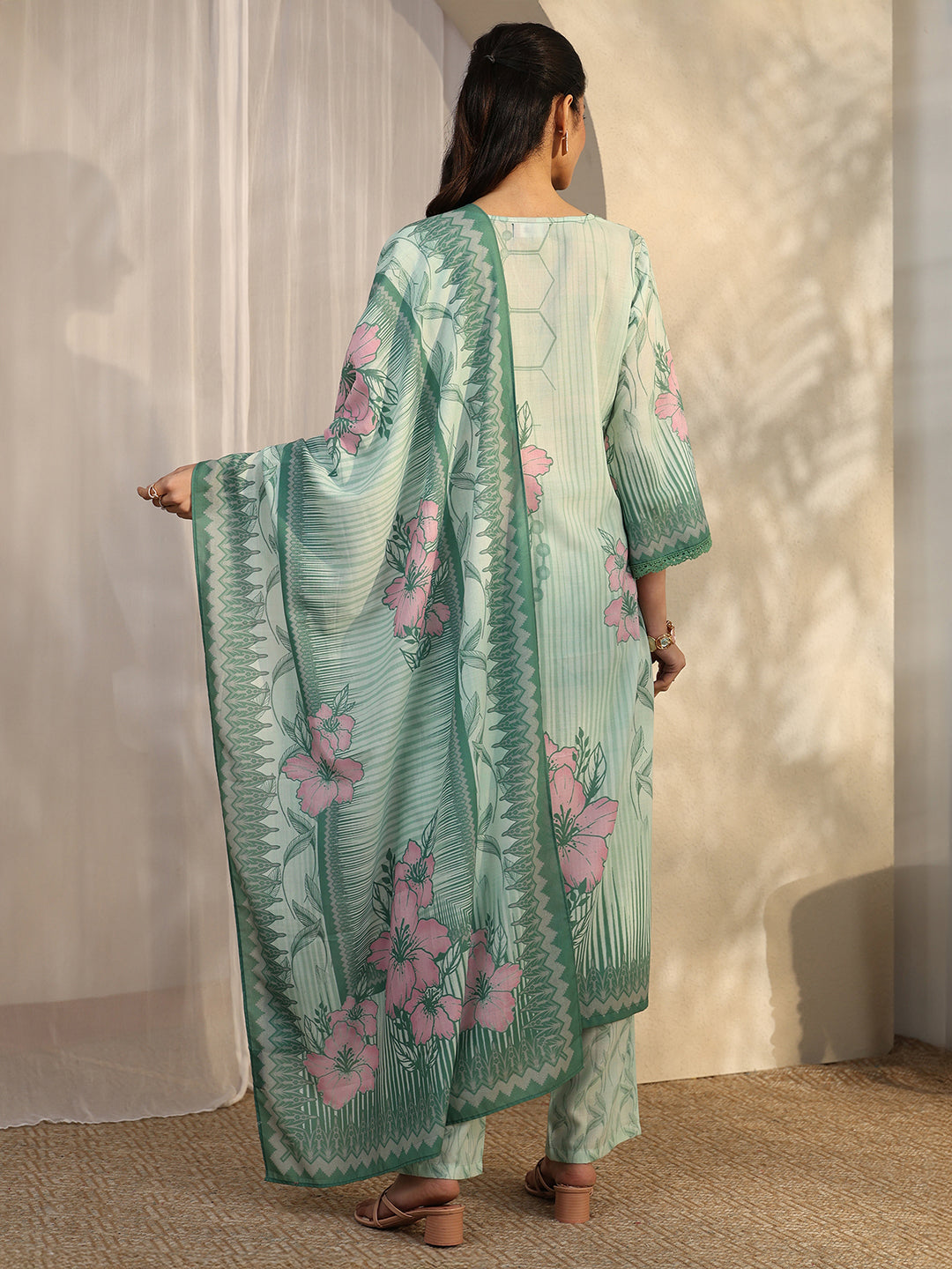 Green Printed Cotton Blend Straight Suit Set With Dupatta