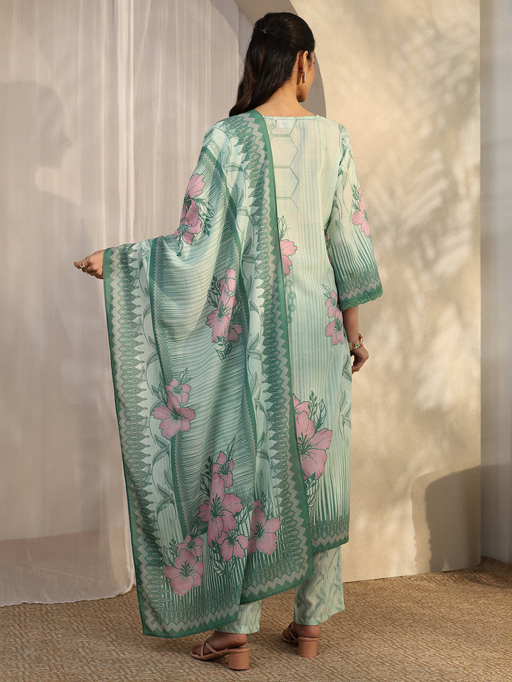 Green Printed Cotton Blend Straight Suit Set With Dupatta