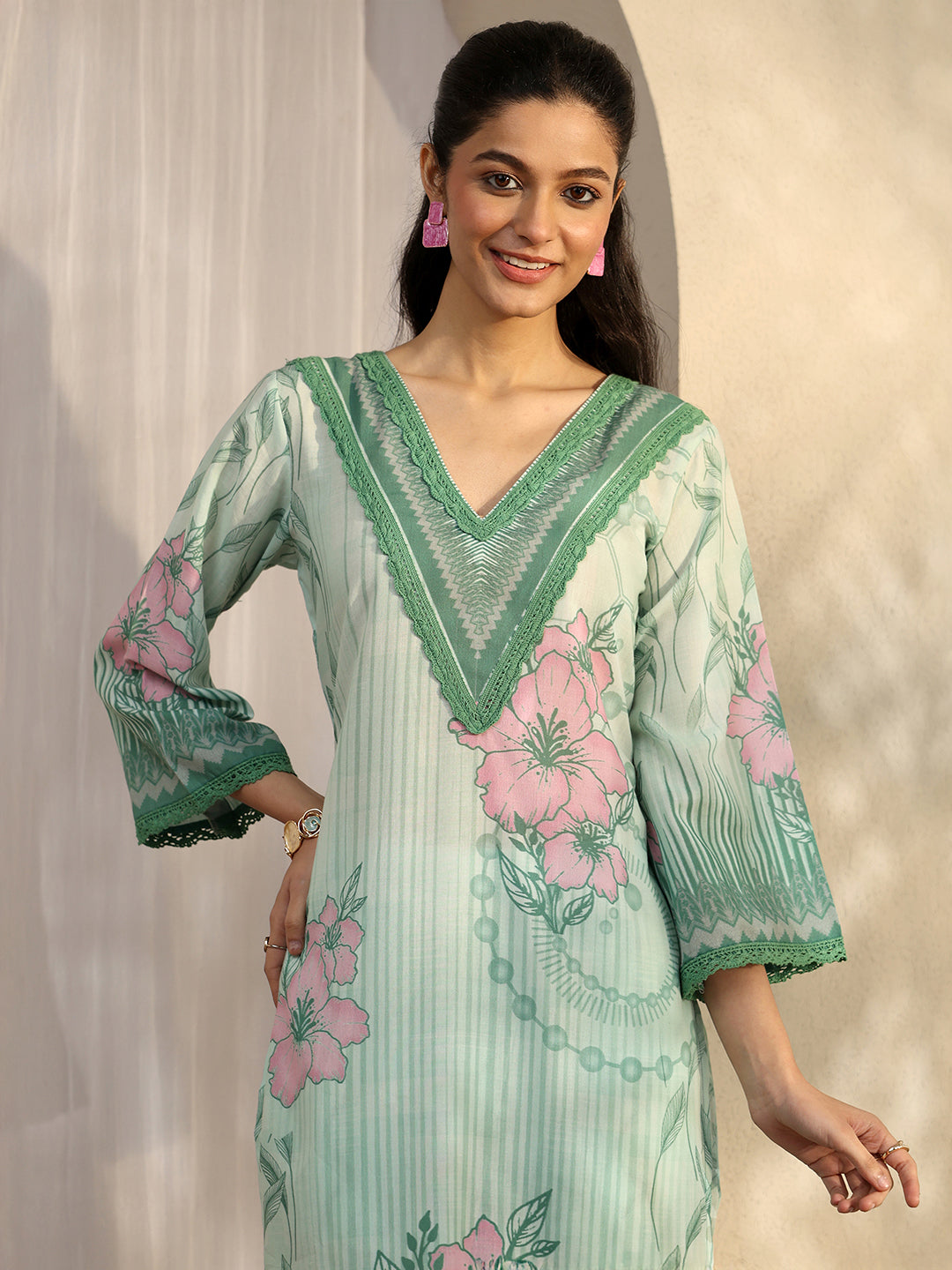 Green Printed Cotton Blend Straight Suit Set With Dupatta