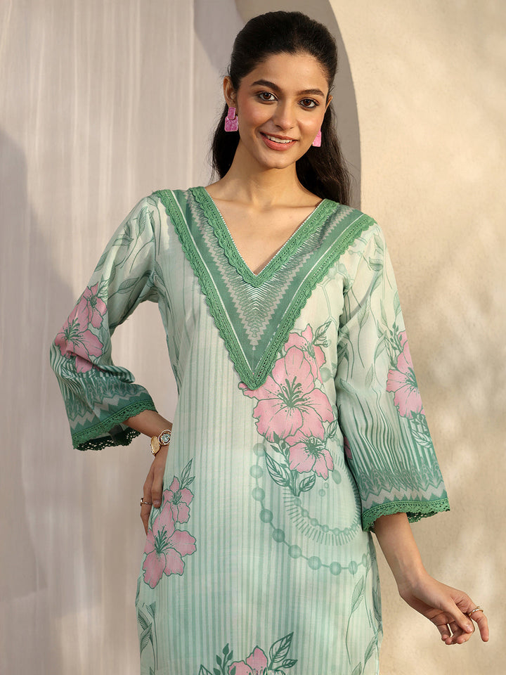 Green Printed Cotton Blend Straight Suit Set With Dupatta
