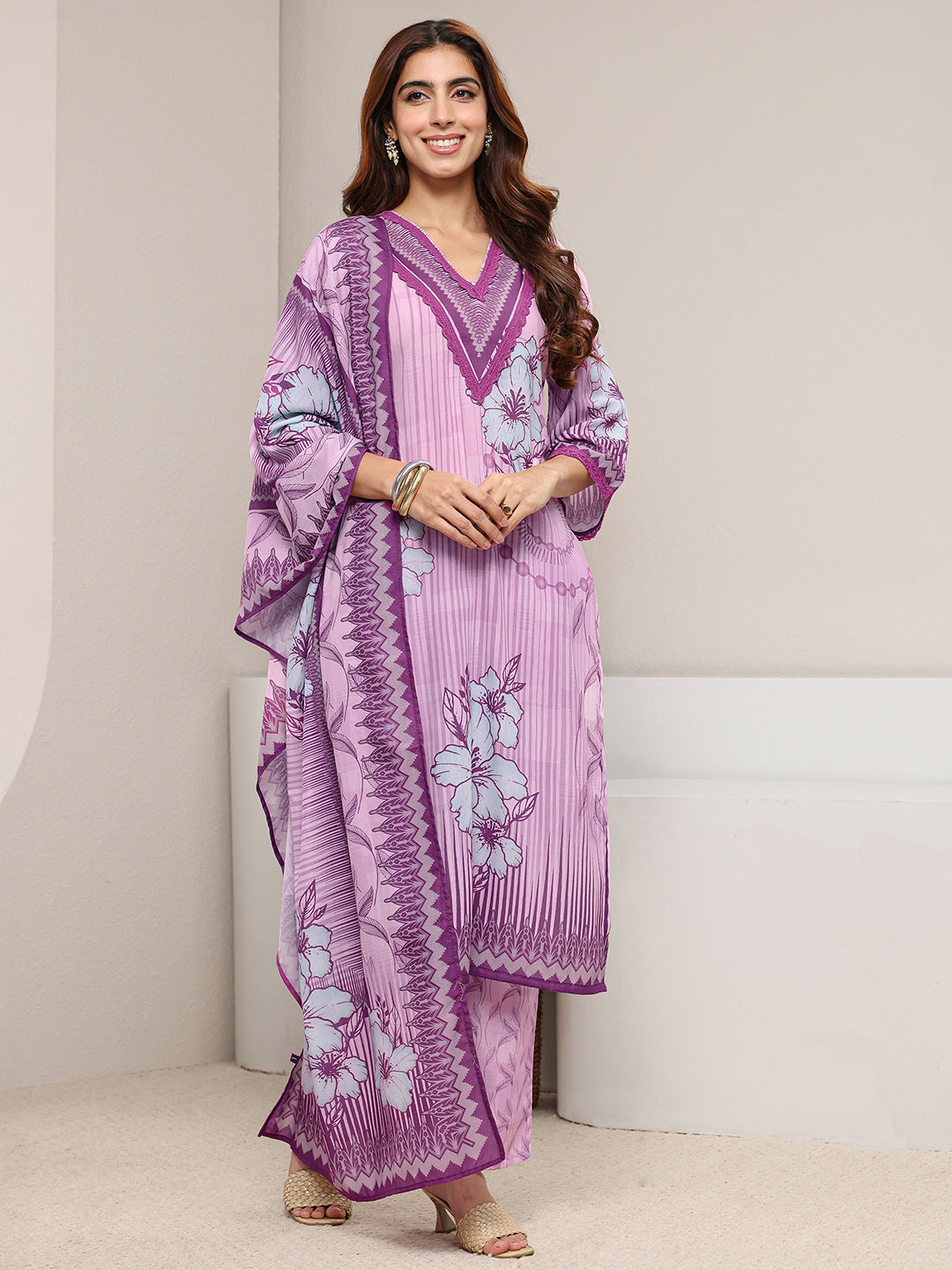 Purple Floral Printed Cotton Blend Straight Suit Set With Dupatta