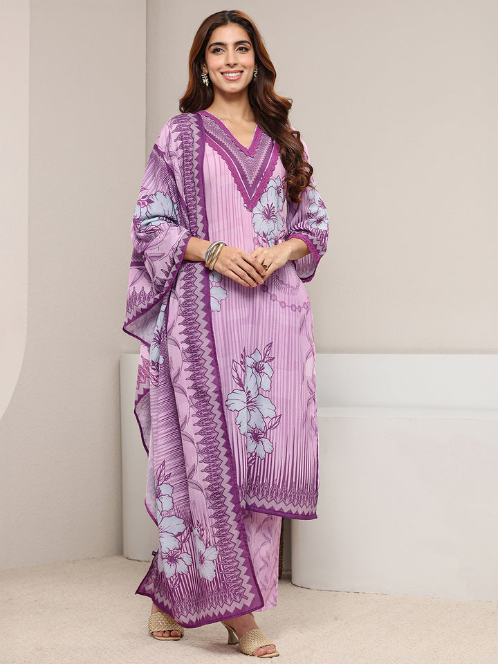 Purple Floral Printed Cotton Blend Straight Suit Set With Dupatta