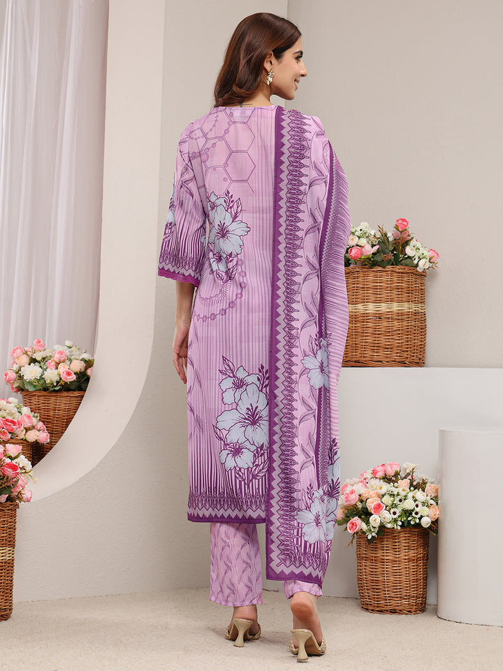 Purple Floral Printed Cotton Blend Straight Suit Set With Dupatta