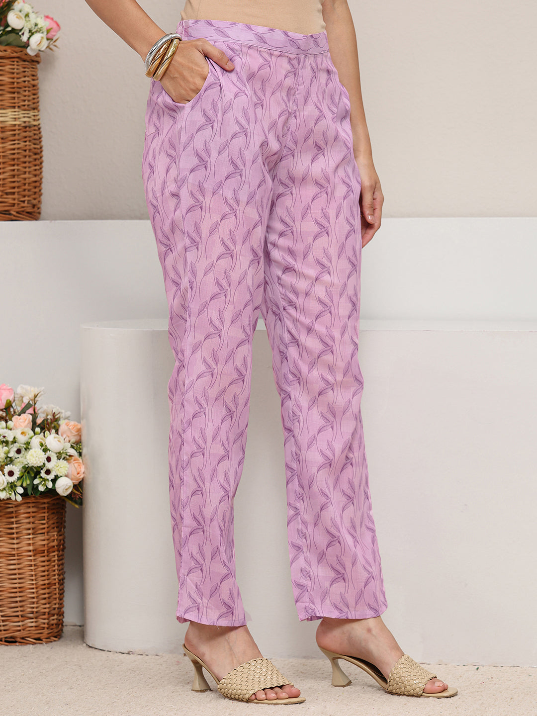 Purple Floral Printed Cotton Blend Straight Suit Set With Dupatta