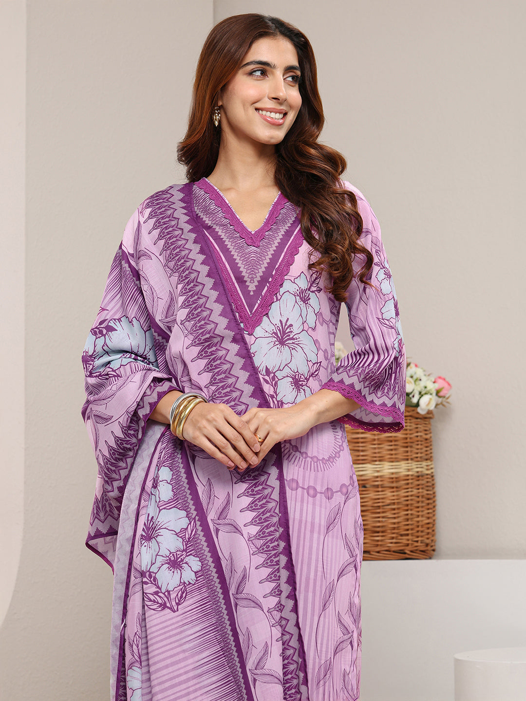 Purple Floral Printed Cotton Blend Straight Suit Set With Dupatta