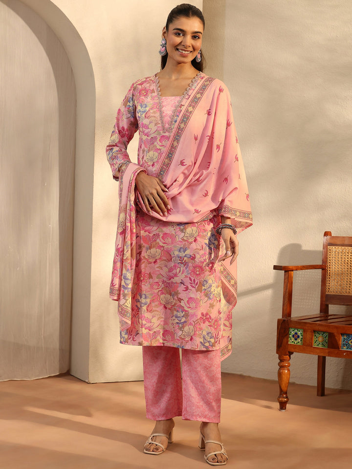 Peach Printed Cotton Blend Straight Suit Set With Dupatta