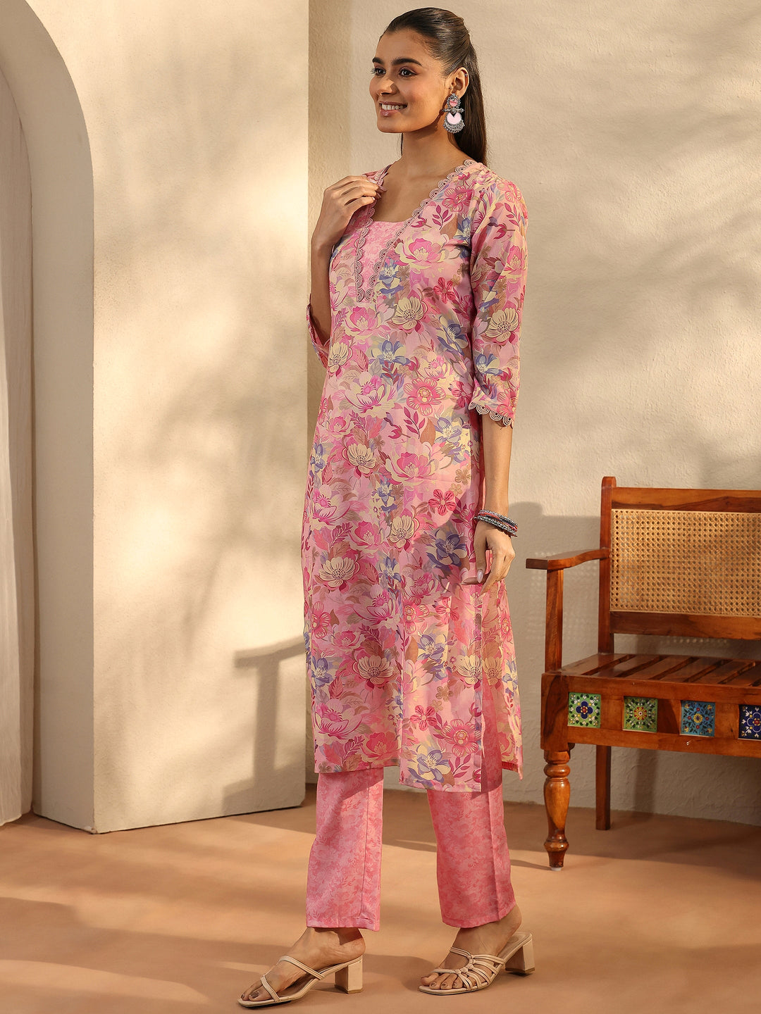 Peach Printed Cotton Blend Straight Suit Set With Dupatta