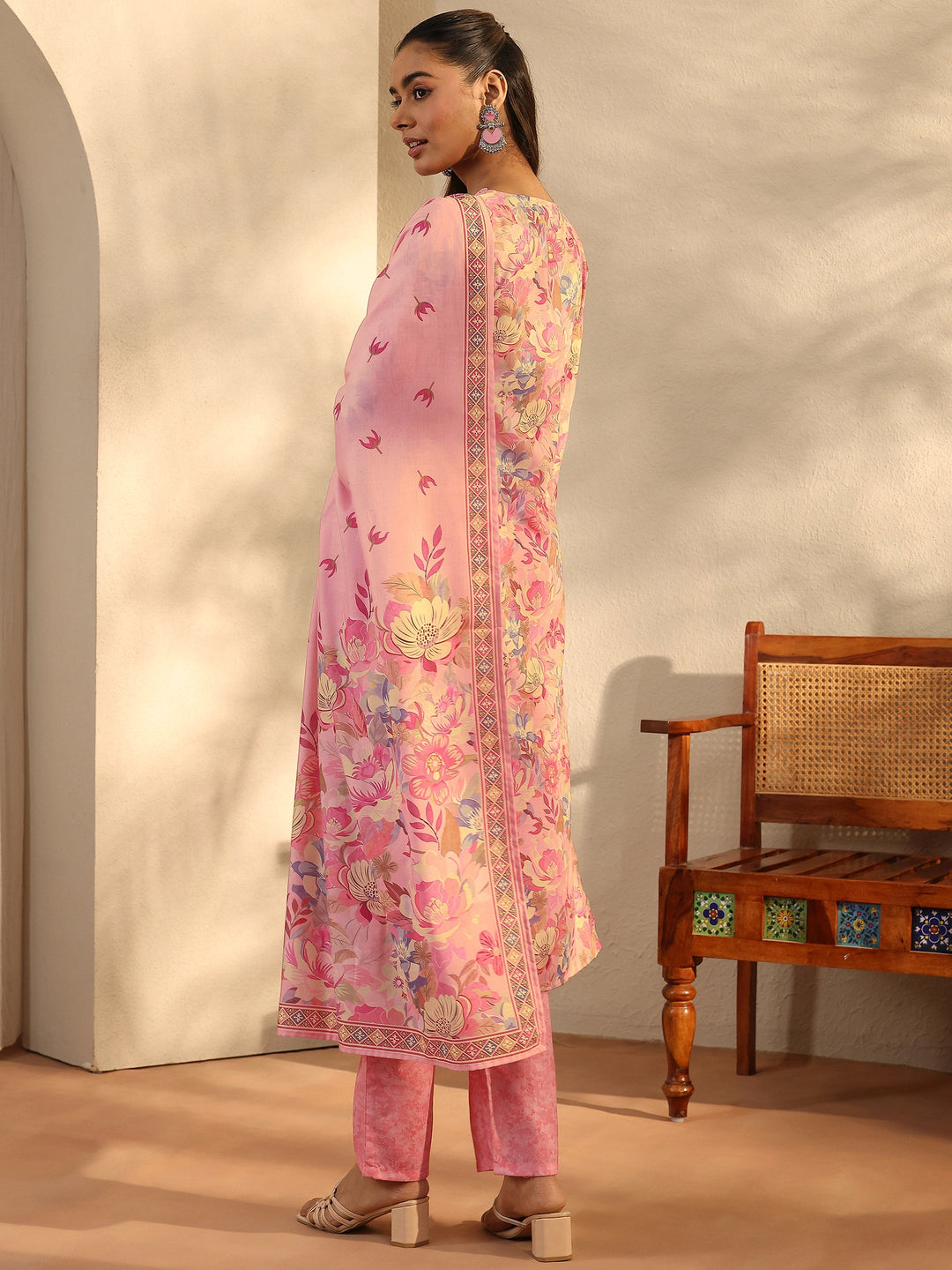 Peach Printed Cotton Blend Straight Suit Set With Dupatta