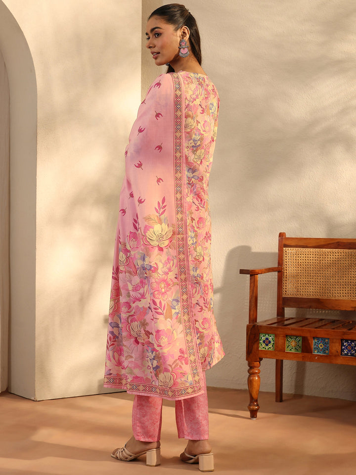 Peach Printed Cotton Blend Straight Suit Set With Dupatta