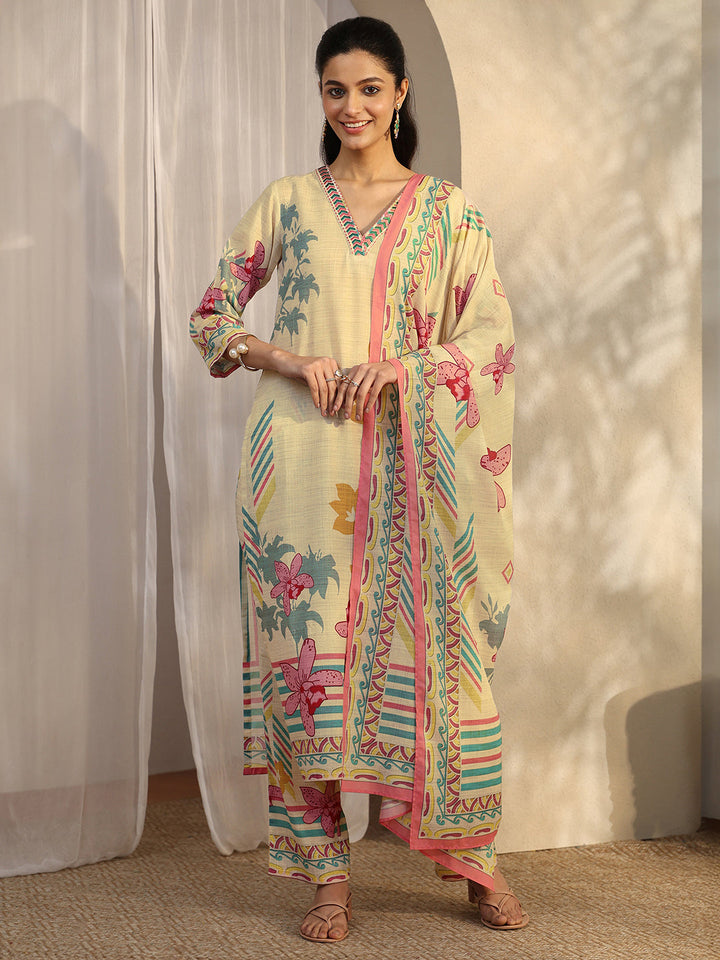 Multi Printed Cotton Blend Straight Suit Set With Dupatta