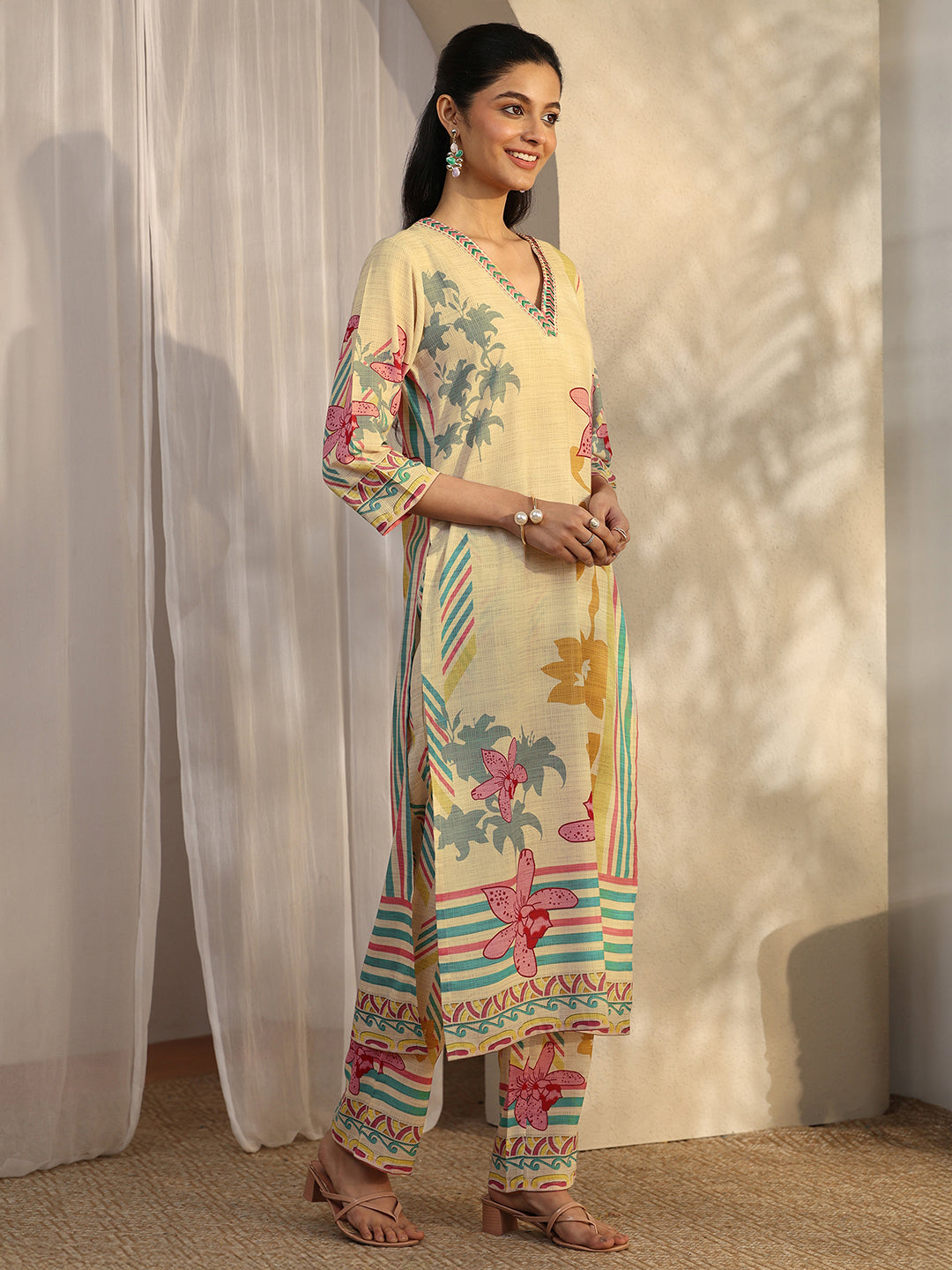 Multi Printed Cotton Blend Straight Suit Set With Dupatta