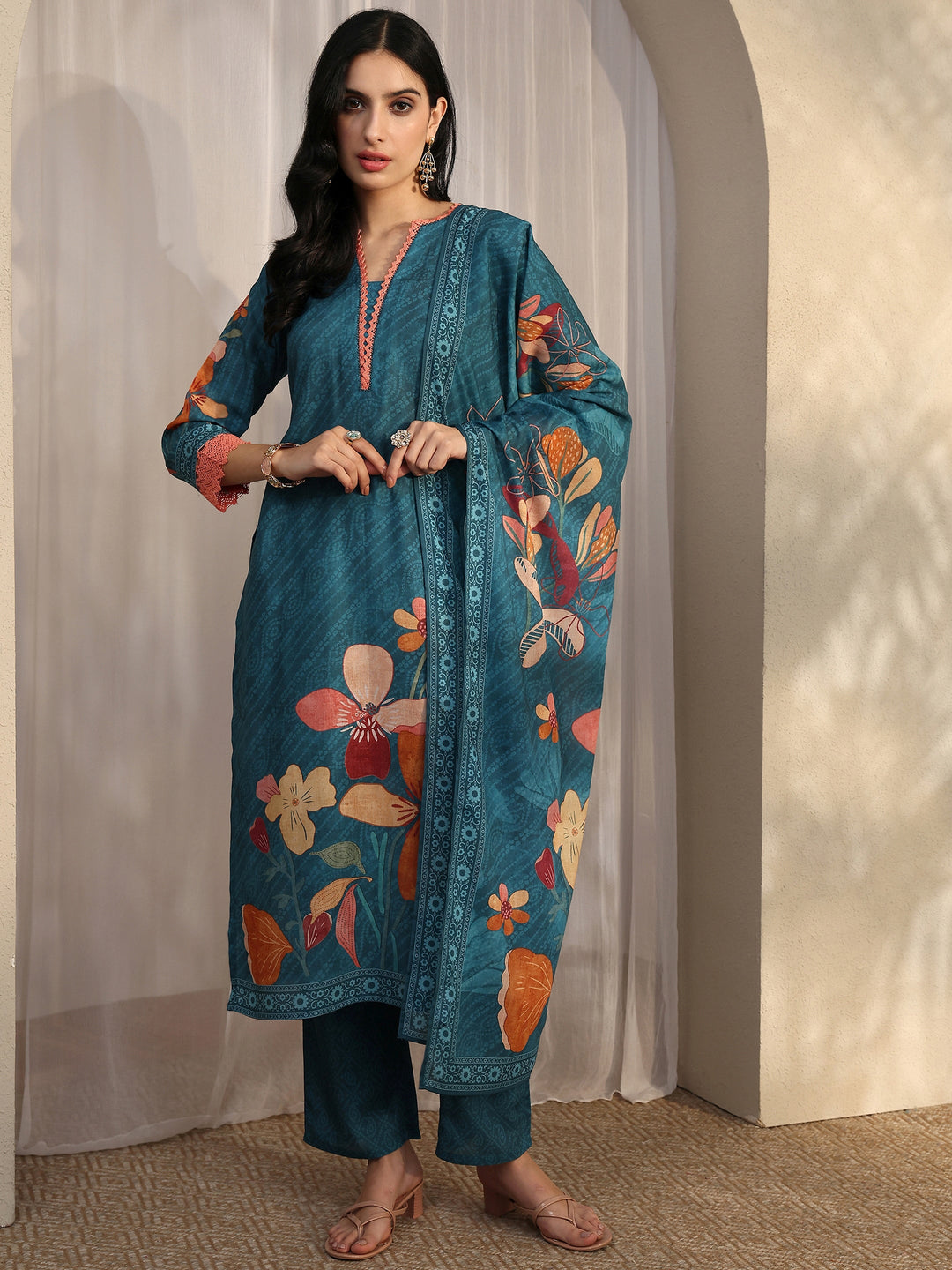Blue Printed Cotton Blend Straight Suit Set With Dupatta