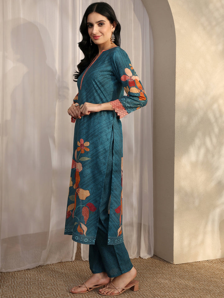 Blue Printed Cotton Blend Straight Suit Set With Dupatta