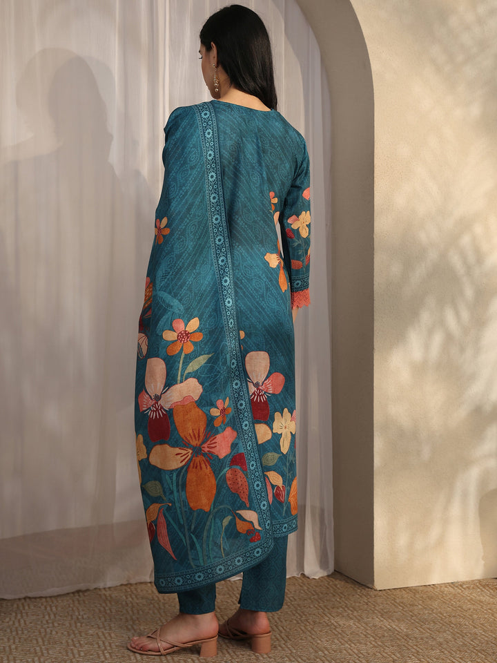 Blue Printed Cotton Blend Straight Suit Set With Dupatta
