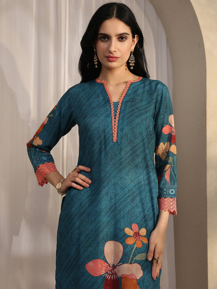 Blue Printed Cotton Blend Straight Suit Set With Dupatta