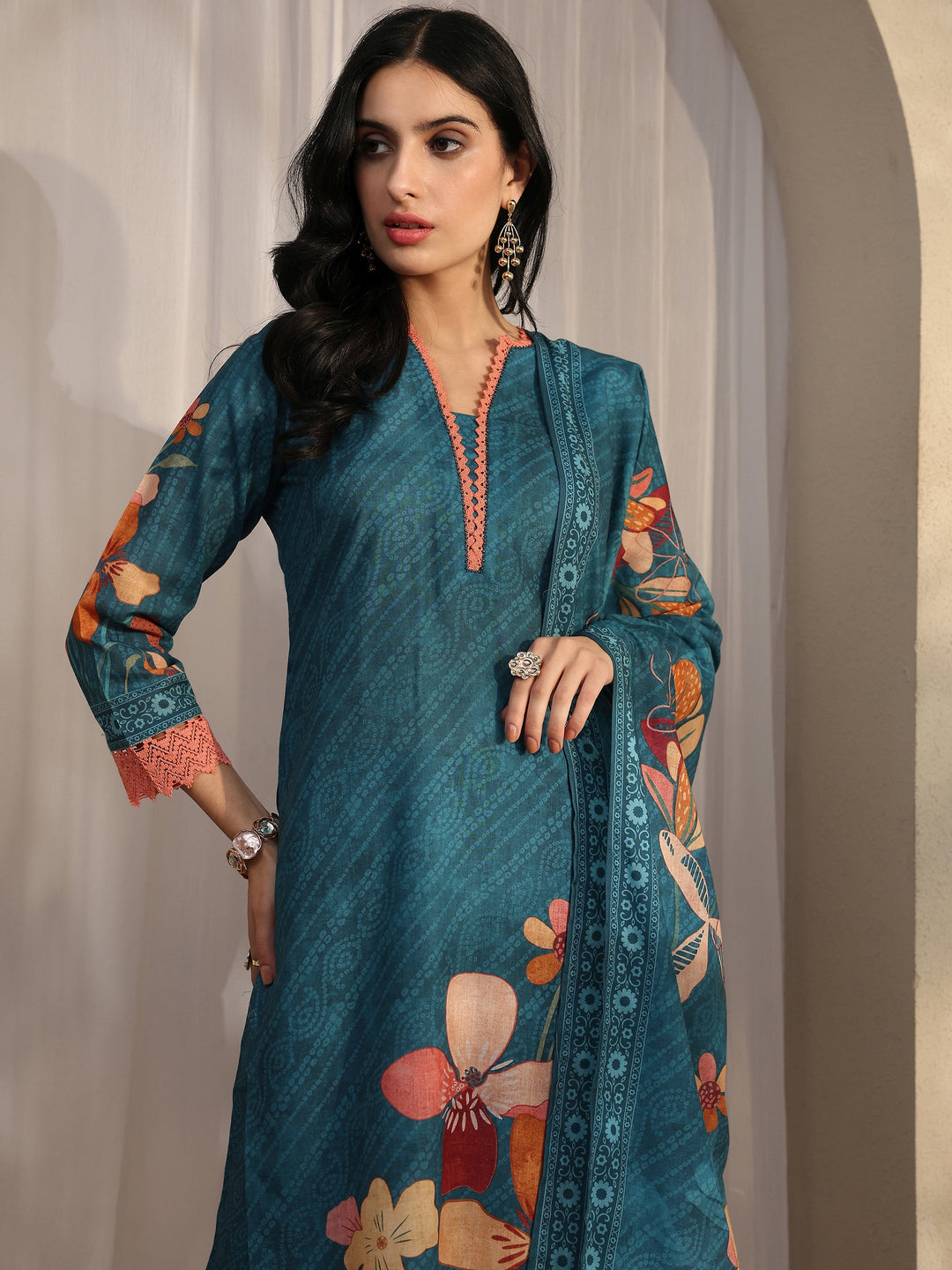 Blue Printed Cotton Blend Straight Suit Set With Dupatta