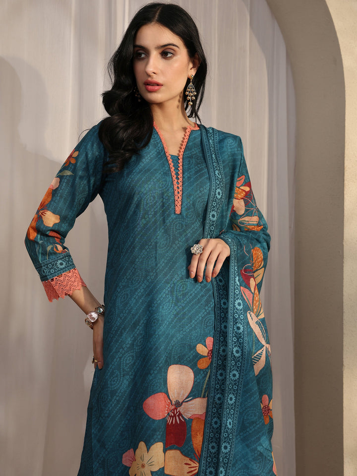 Blue Printed Cotton Blend Straight Suit Set With Dupatta