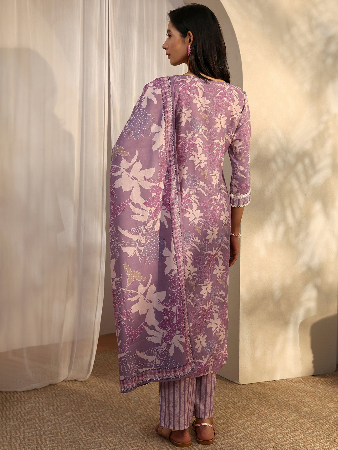 Purple Printed Cotton Blend Straight Suit Set With Dupatta