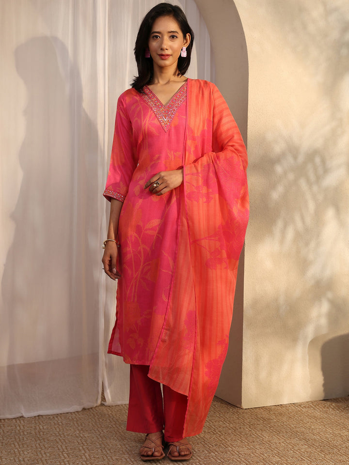 Pink Printed Linen Straight Suit Set With Dupatta