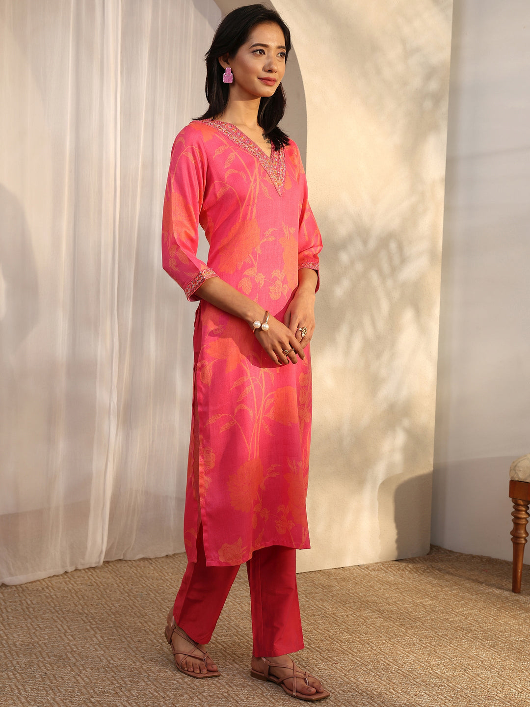 Pink Printed Linen Straight Suit Set With Dupatta