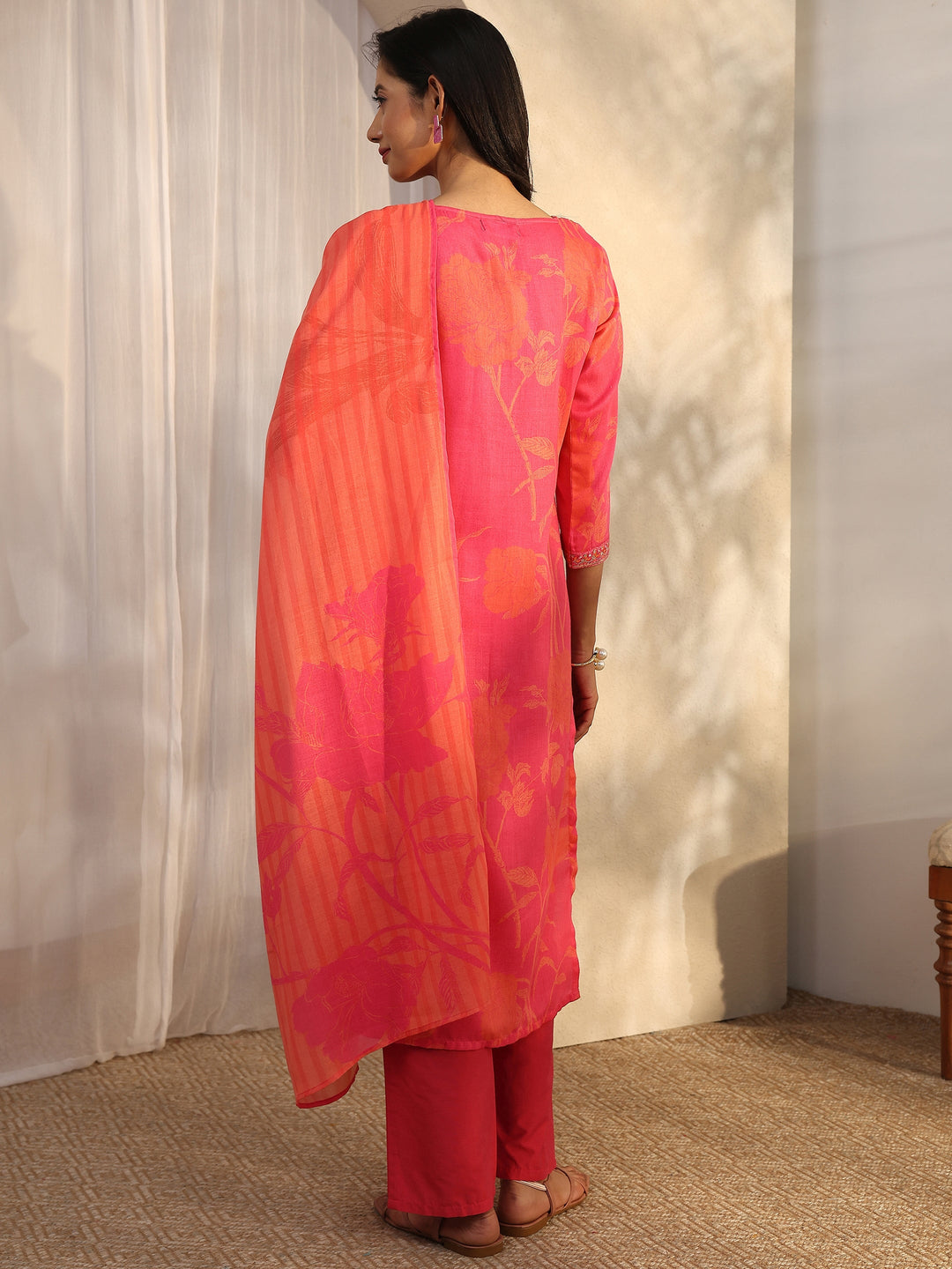 Pink Printed Linen Straight Suit Set With Dupatta