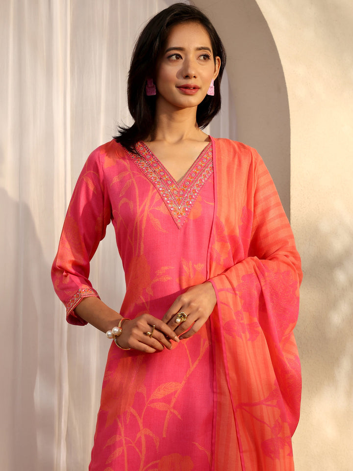 Pink Printed Linen Straight Suit Set With Dupatta