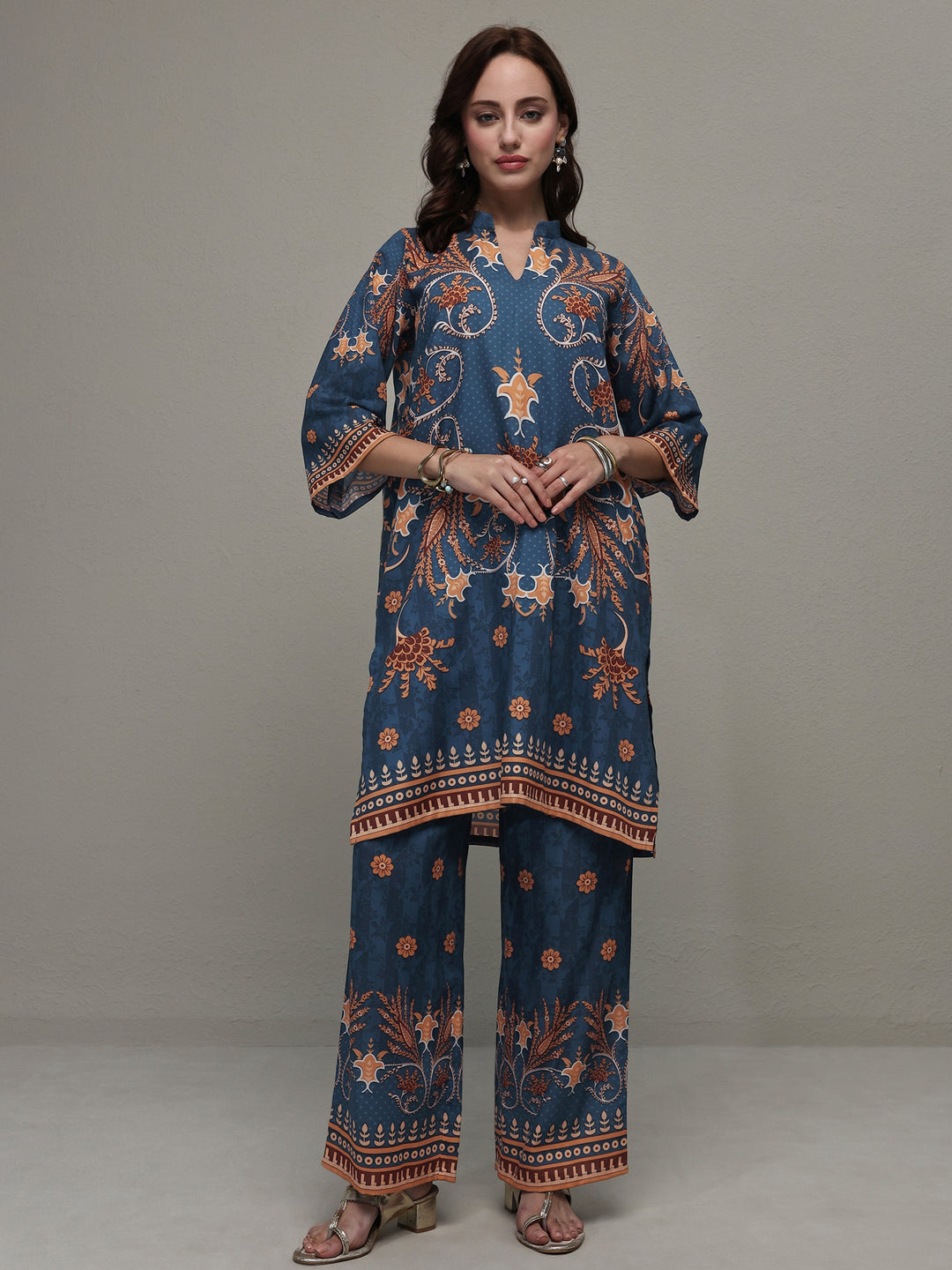 Libas Blue Floral Printed Cotton Blend Co-Ord Set