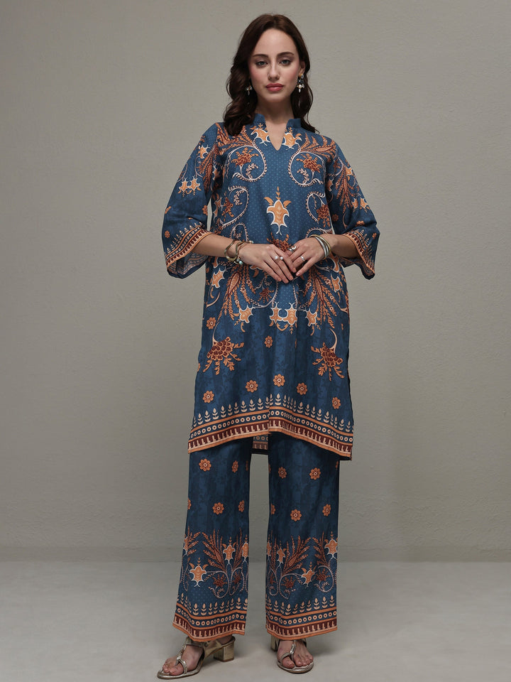 Libas Blue Floral Printed Cotton Blend Co-Ord Set